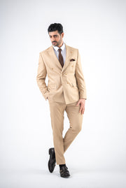 Costum Barbatesc, 2 piese, Sacou si Pantalon, Material Texturat cu Dungi Late, Nasturi Aurii, Bej PG0135