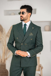 Costum Barbatesc, 2 piese, Sacou si pantalon, Material Texturat, Nasturi Aurii, Verde PG0059