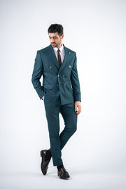 Costum Barbatesc, 2 piese, Sacou si Pantalon, Material Texturat cu Dungi Inguste, Nasturi Aurii, Petrol PG0138