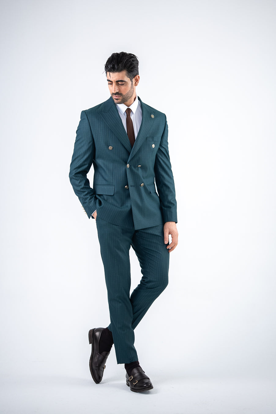 Costum Barbatesc, 2 piese, Sacou si Pantalon, Material Texturat cu Dungi Inguste, Nasturi Aurii, Petrol PG0138