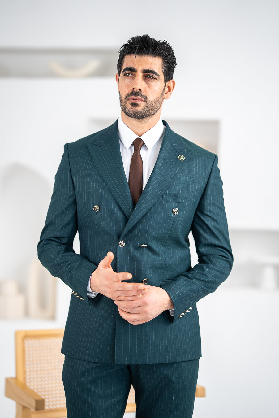 Costum Barbatesc, 2 piese, Sacou si Pantalon, Material Texturat cu Dungi Inguste, Nasturi Aurii, Petrol PG0138
