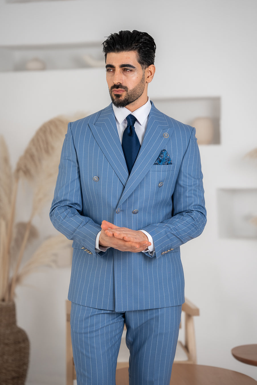 Costum Barbatesc, 2 piese, Sacou si pantalon, Material Texturat, Nasturi Aurii, Bleo PG0069