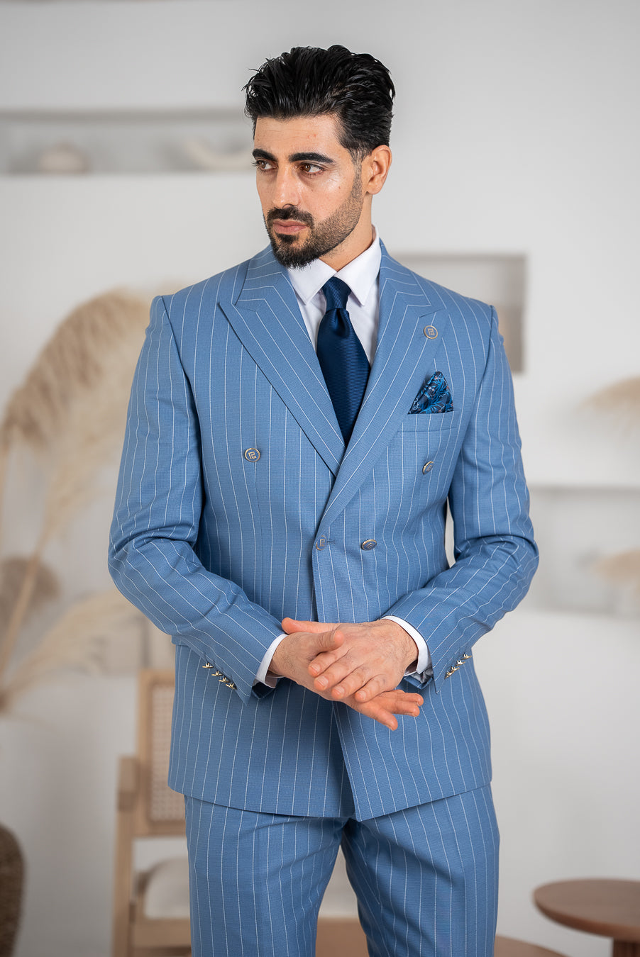 Costum Barbatesc, 2 piese, Sacou si pantalon, Material Texturat, Nasturi Aurii, Bleo PG0069