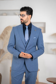 Costum Barbatesc, 3 piese, Sacou si Vesta si Pantalon, Material Texturat, Nasturi din Plastic, Bleo PG0082