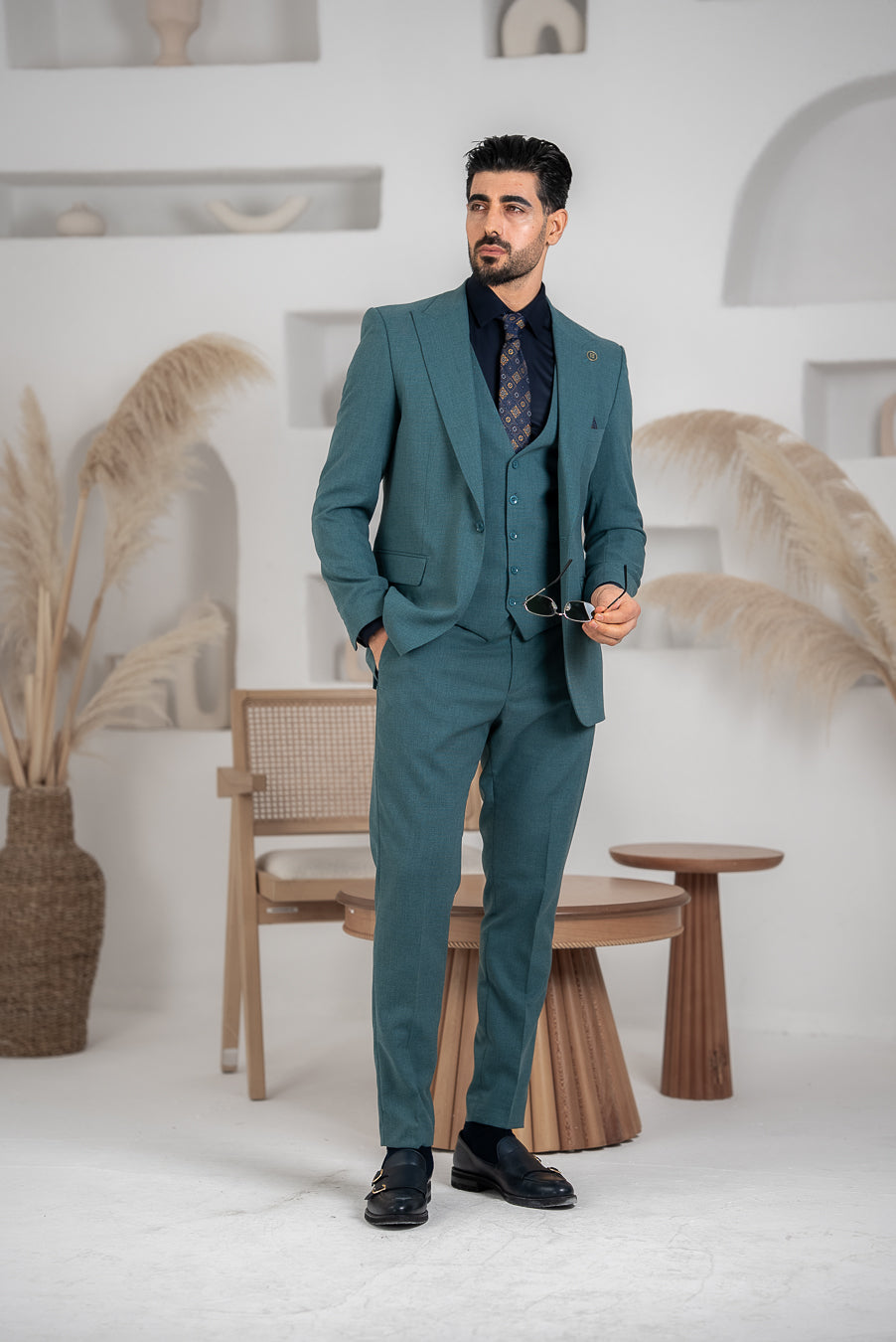 Costum Barbatesc, 3 piese, Sacou si Vesta si Pantalon, Material Texturat, Nasturi din Plastic, Menta PG0084