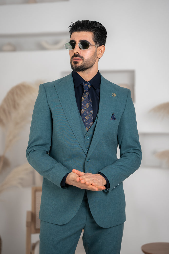 Costum Barbatesc, 3 piese, Sacou si Vesta si Pantalon, Material Texturat, Nasturi din Plastic, Menta PG0084