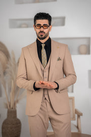 Costum Barbatesc, 3 piese, Sacou si Vesta si Pantalon, Material Texturat, Nasturi din Plastic, Bej Inchis PG0085