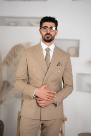 Costum Barbatesc, 2 piese, Sacou si pantalon, Material Fin, Nasturi Aurii, Bej PG0076