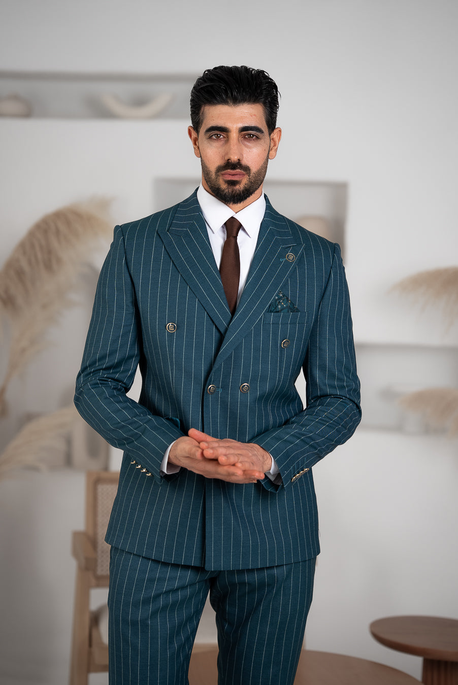 Costum Barbatesc, 2 piese, Sacou si pantalon, Material Texturat, Nasturi Aurii, Turcoaz PG0077