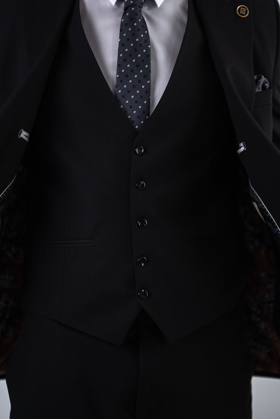 Costum Barbatesc, 3 piese, Sacou si Vesta si Pantalon, Material Texturat, Nasturi din Plastic, Negru PG0088