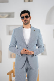 Costum barbatesc de vara, 2 piese sacou si pantalon , nuanta bluemarin cu dungi verticale, PG0097