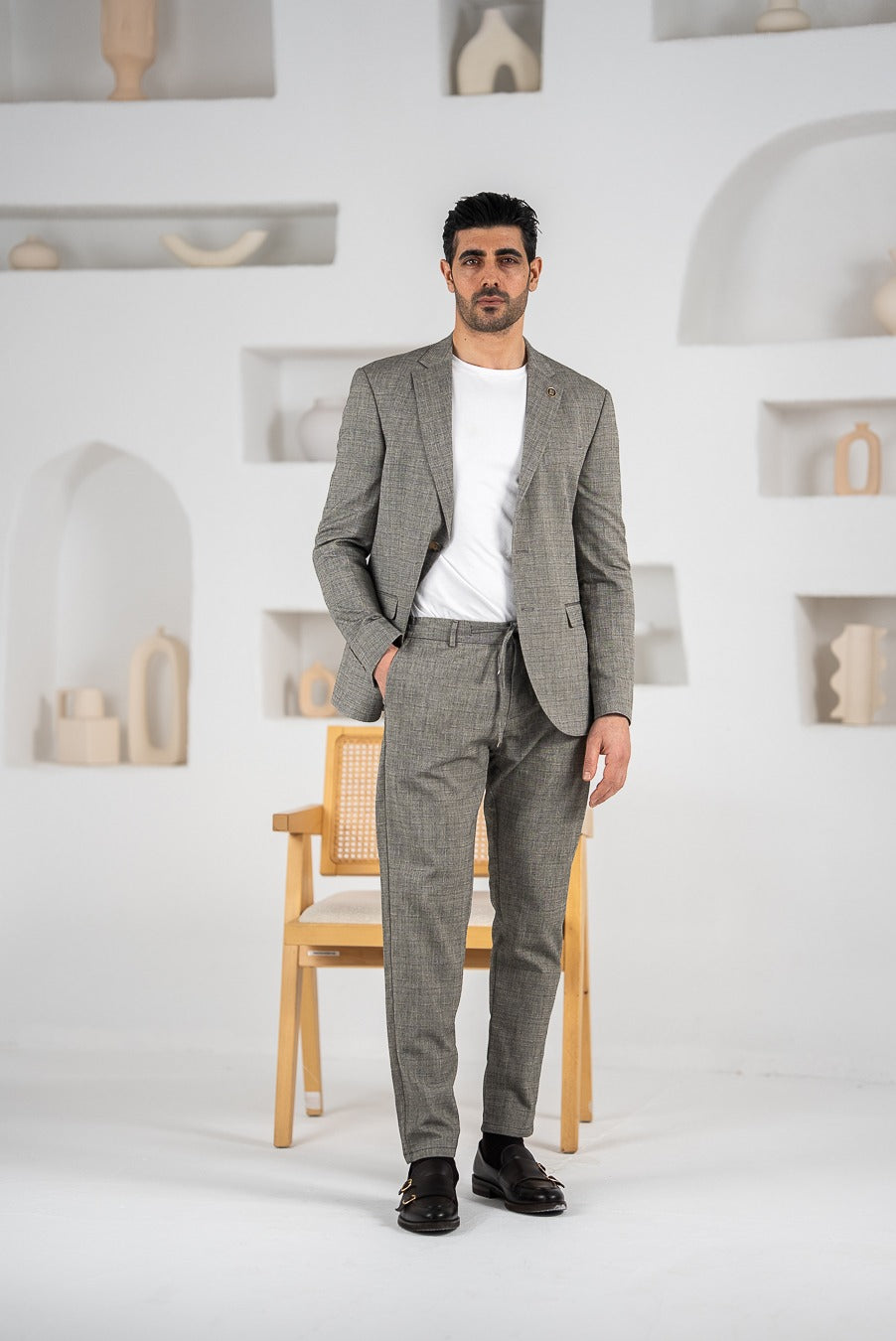 Costum barbatesc de vara, 2 piese sacou si pantalon , nuanta gri, PG0104