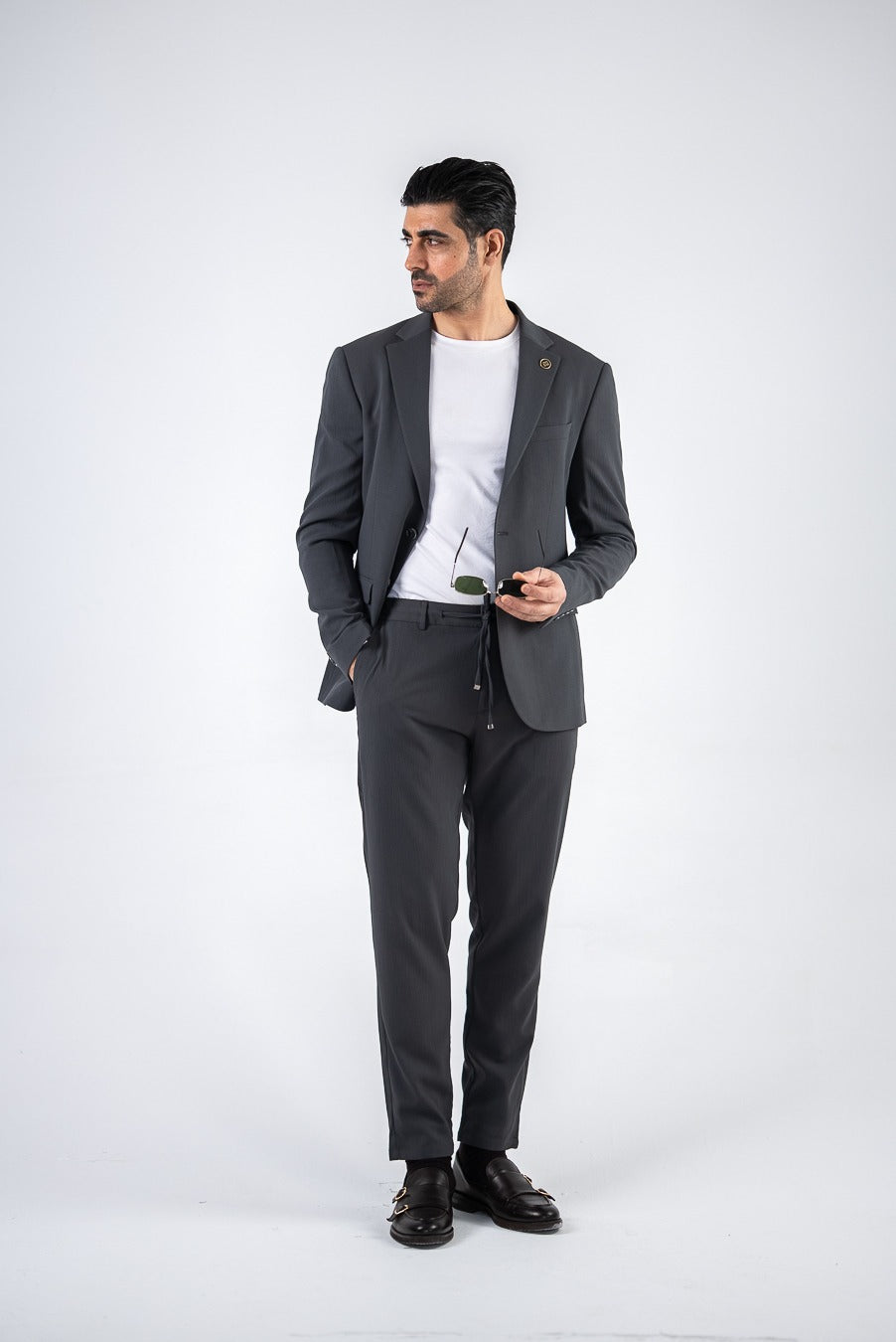 Costum barbatesc de vara, 2 piese sacou si pantalon , nuanta gri inchis, PG0108