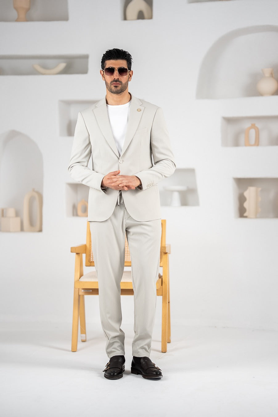 Costum barbatesc de vara, 2 piese sacou si pantalon , nuanta gri perlat, PG0109