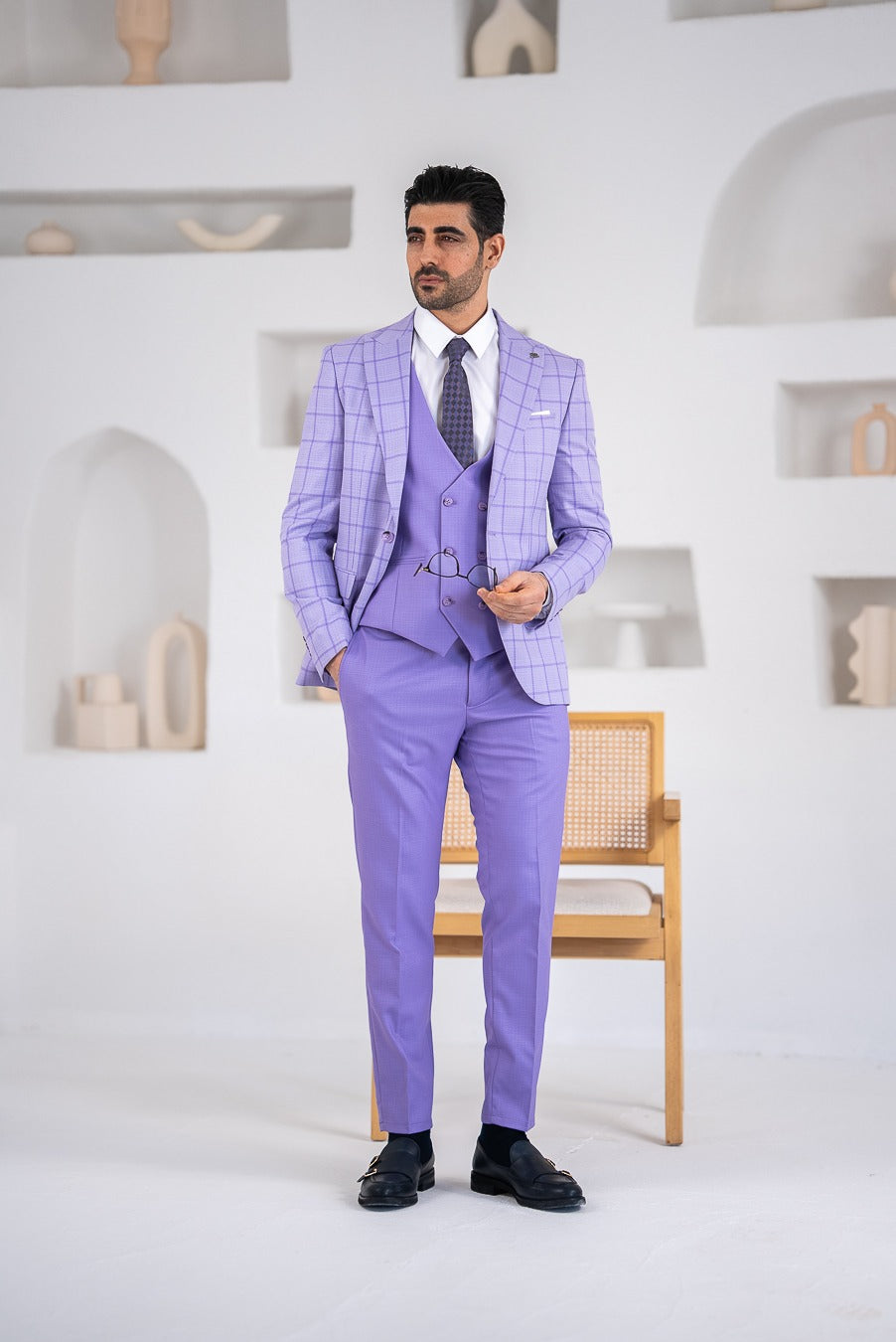 Costum Barbatesc, 3 piese, Sacou si Vesta si Pantalon, nuanta violet-lavanda, PG0118