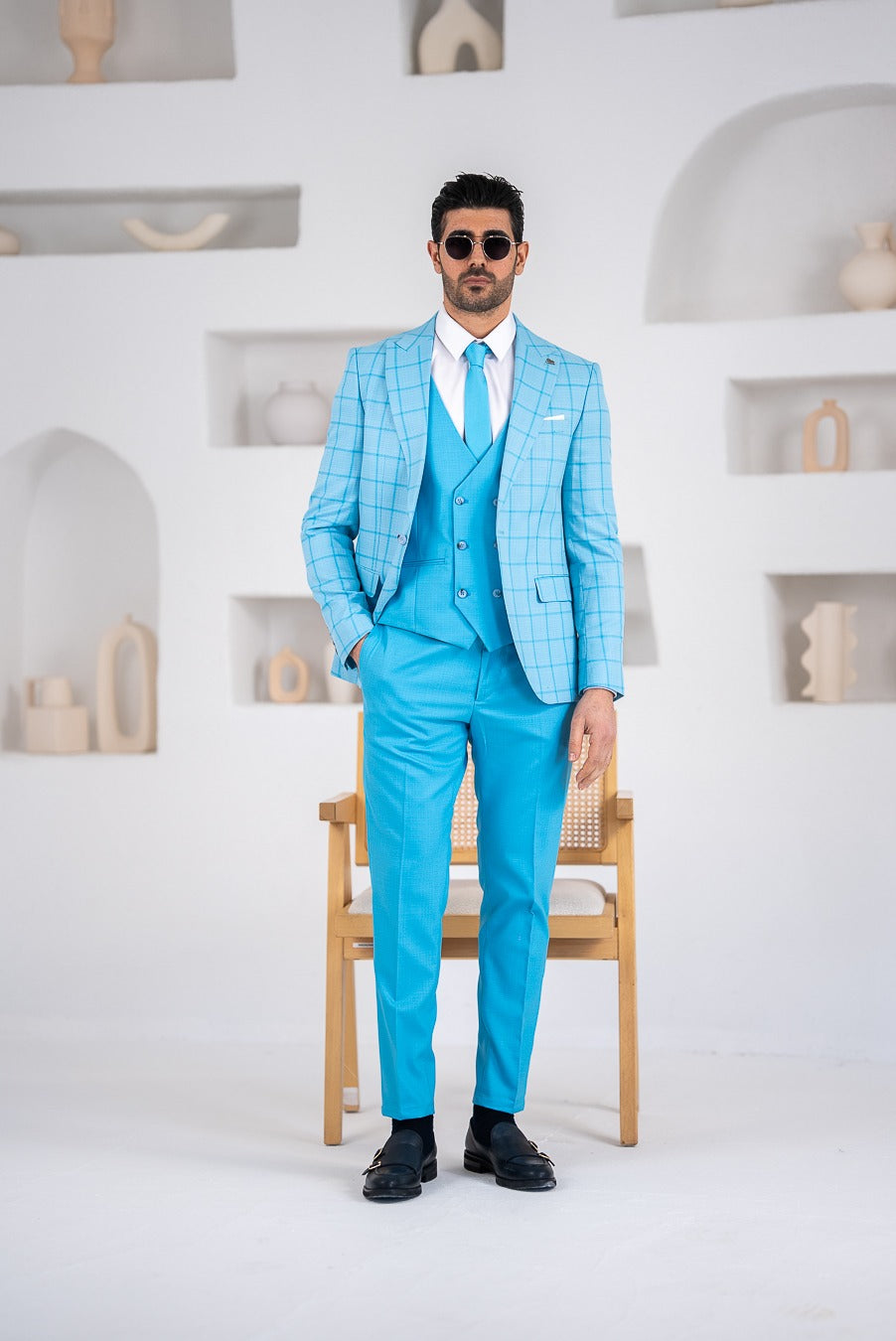 Costum Barbatesc, 3 piese, Sacou si Vesta si Pantalon,nuanta albastru turcoaz, PG0120