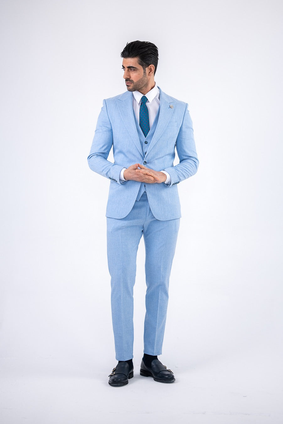 Costum Barbatesc, 3 piese, Sacou, Vesta si Pantalon, culoarea albastru sky, PG0144
