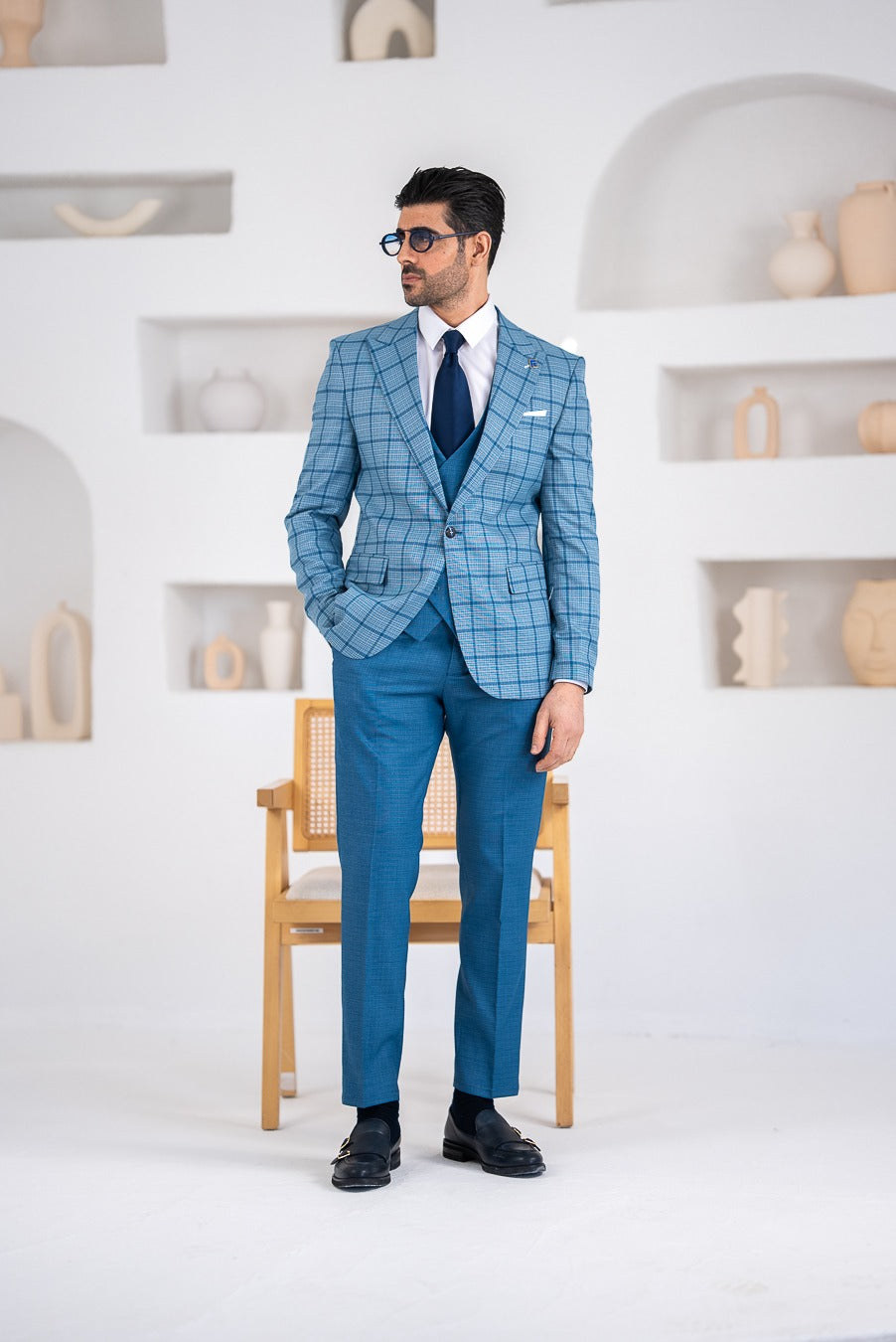 Costum Barbatesc, 3 piese, Sacou, Vesta si Pantalon,culoarea albastru petrol solid, PG0145