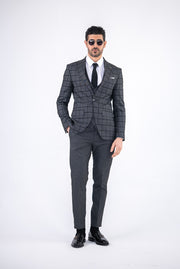 Costum Barbatesc, 3 piese, Sacou, Vesta si Pantalon,culoarea gri grafit in carouri,PG0148