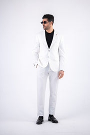 Costum barbatesc de vara, 2 piese, pantalon si sacou, culoarea alb perlat cu dungi fine,PG0152