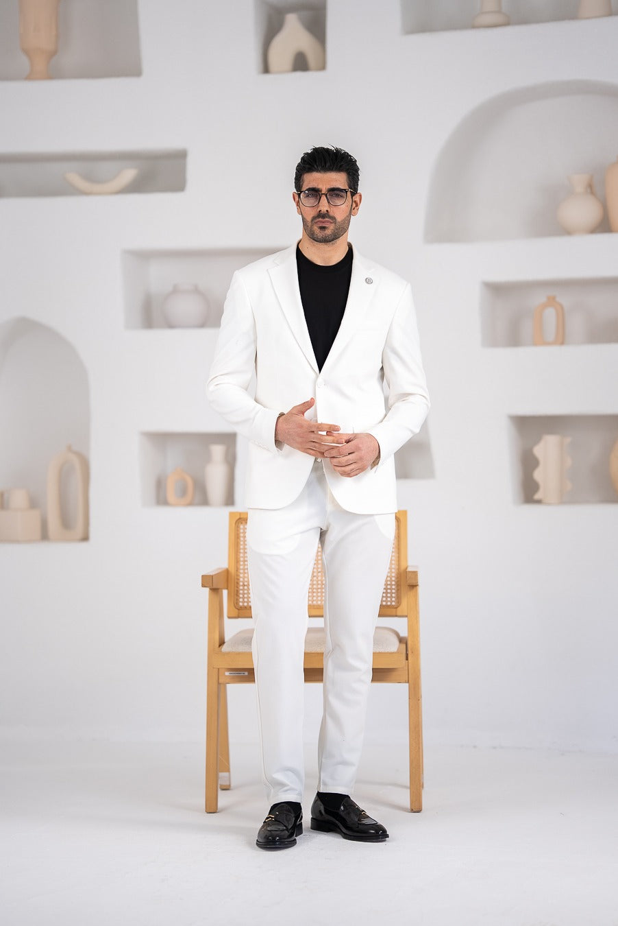 Costum barbatesc de vara, 2 piese sacou si pantalon , nuanta alb pur,PG0153