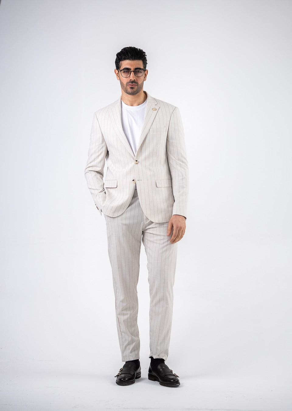 Costum barbatesc de vara, 2 piese, pantalon si sacou, culoarea alb ivory,PG0167