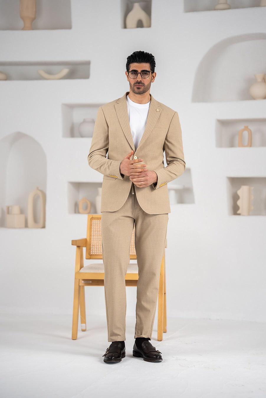 Costum barbatesc de vara, 2 piese, pantalon si sacou, culoarea bej nisip,PG0168