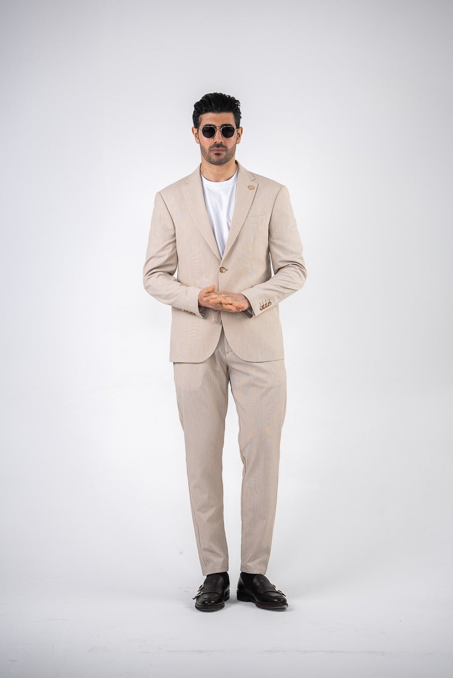 Costum barbatesc de vara, 2 piese, pantalon si sacou, culoarea bej natural,PG0169