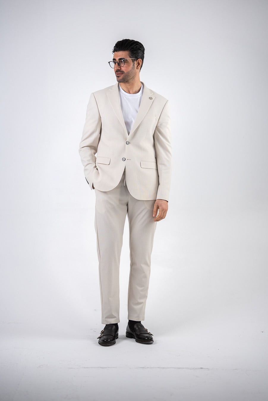 Costum barbatesc de vara, 2 piese, pantalon si sacou, culoarea alb ivory,PG0174