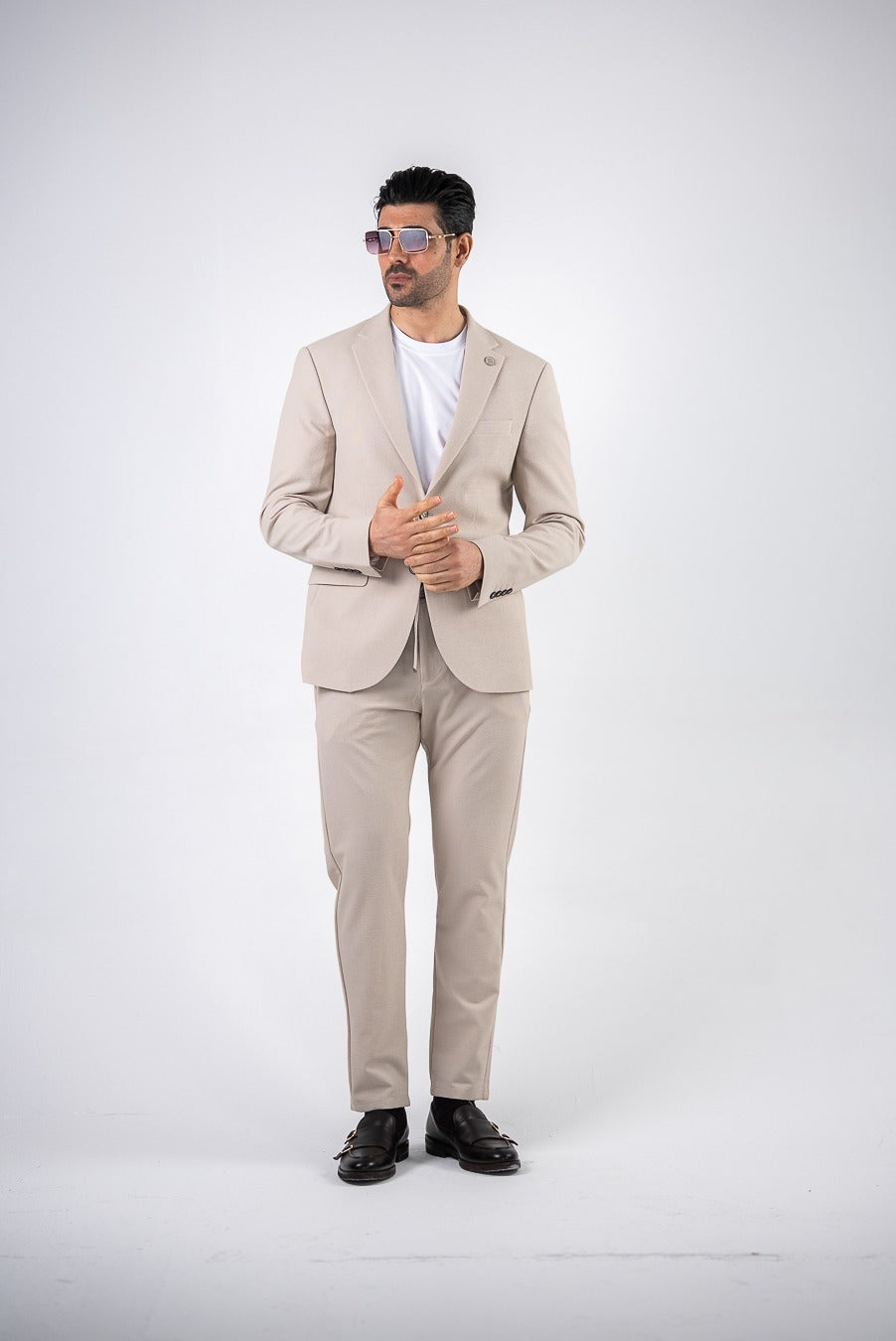 Costum barbatesc de vara, 2 piese, pantalon si sacou, culoarea bej-piatra,PG0176