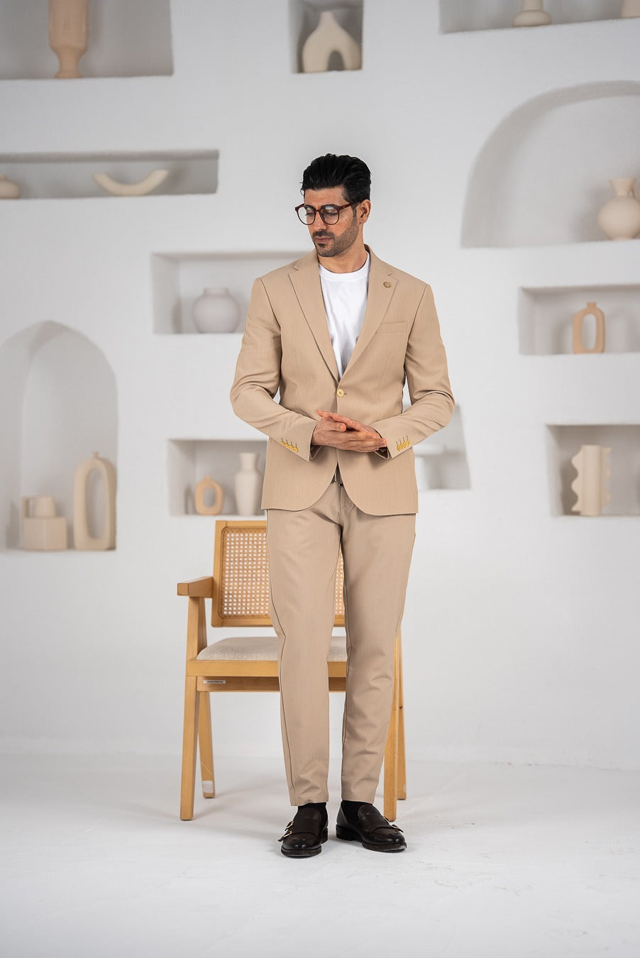 Costum barbatesc de vara, 2 piese, pantalon si sacou, culoarea bej-camel, PG0177