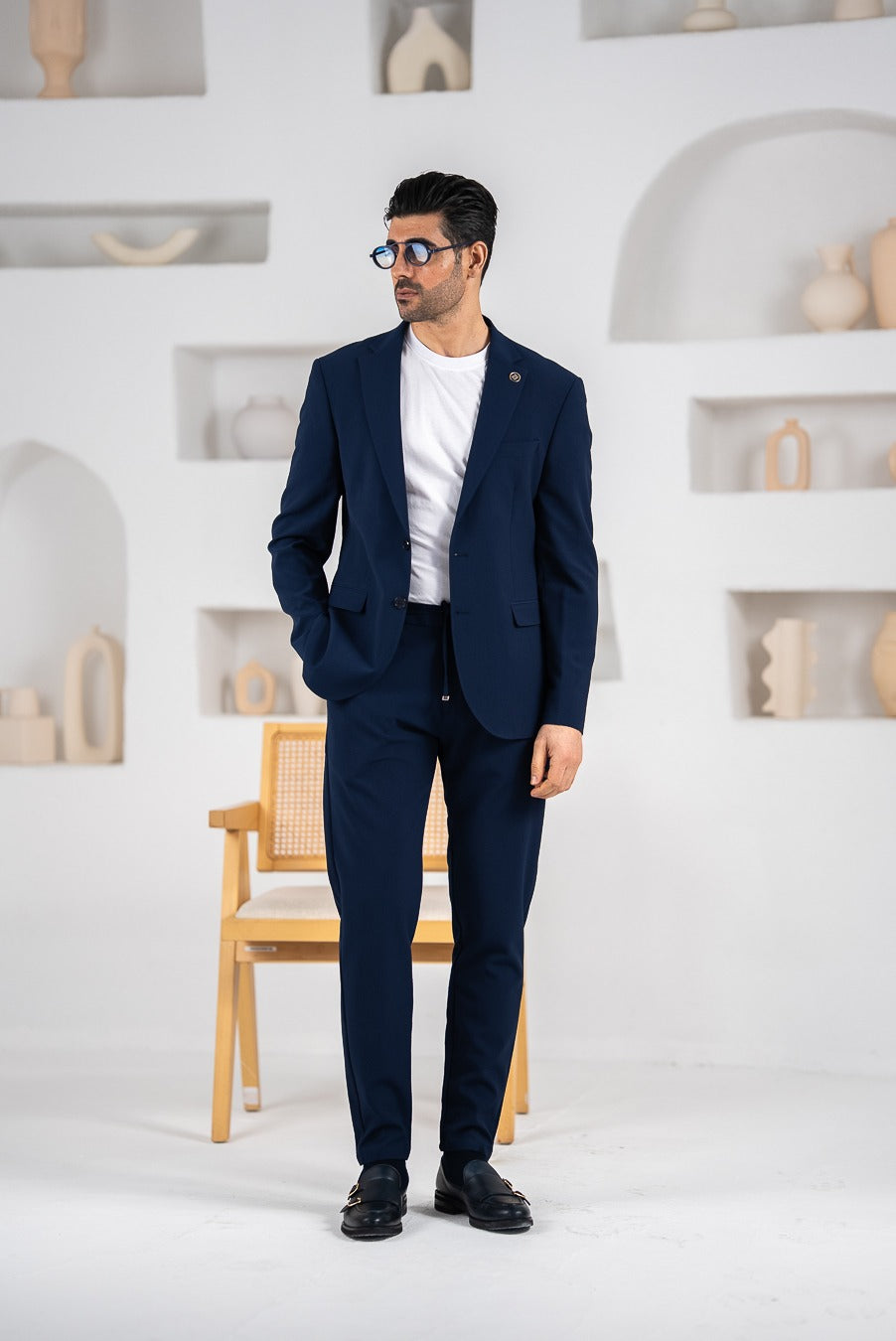 Costum barbatesc de vara, 2 piese, pantalon si sacou, culoarea bleumarin profund,PG0181