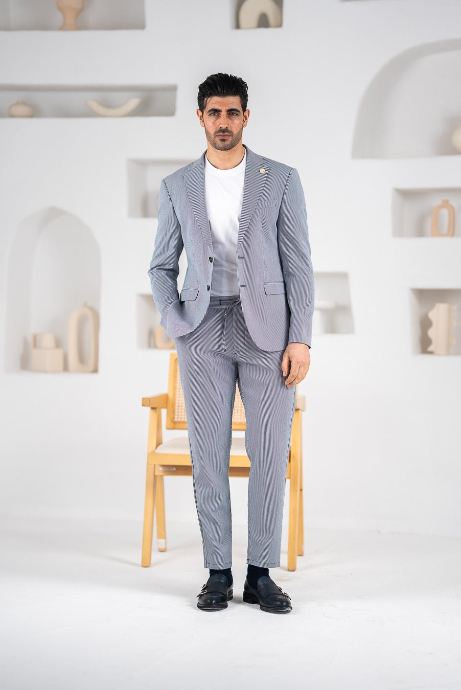 Costum barbatesc de vara, 2 piese, pantalon si sacou, culoarea albastru deschis,PG00185