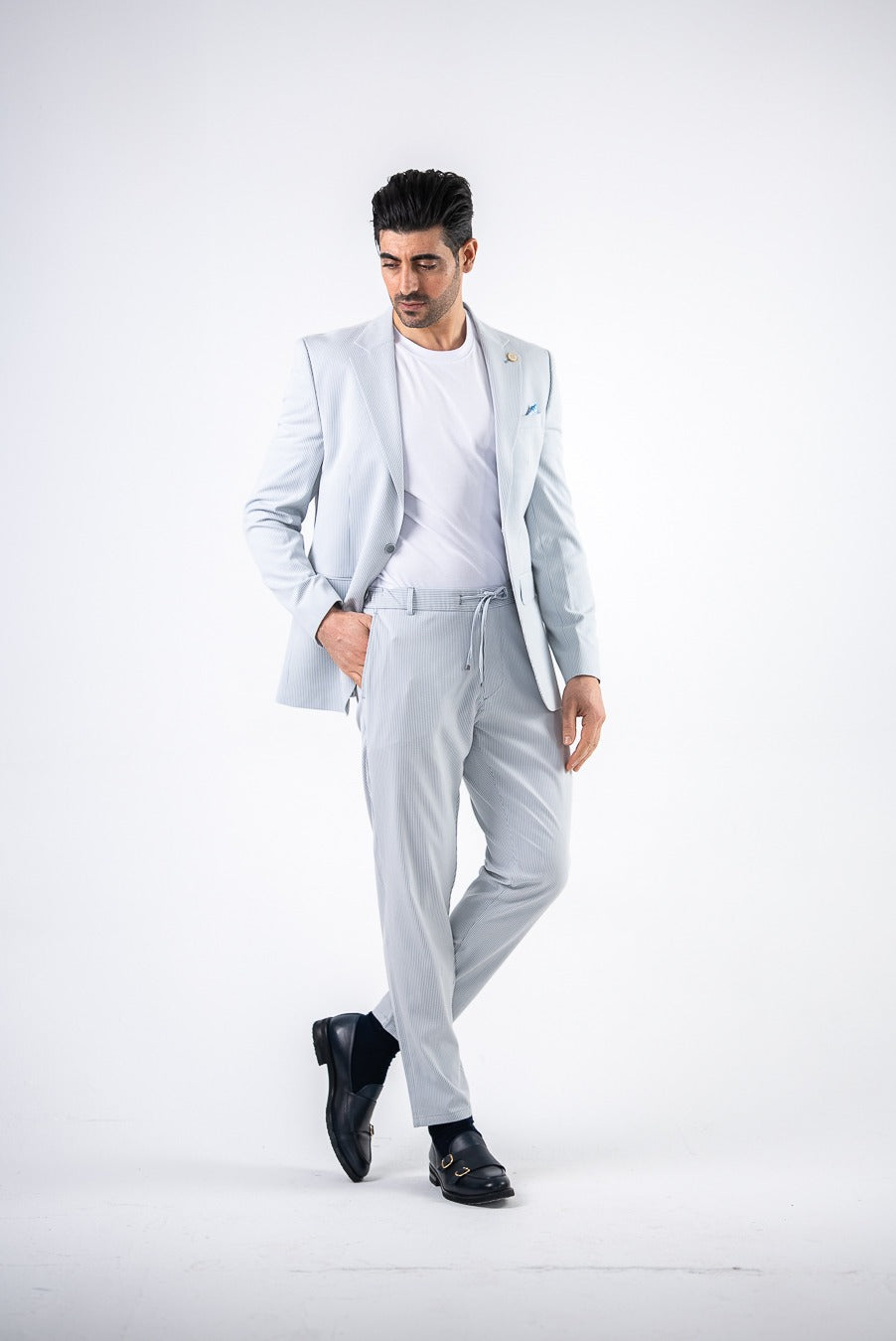 Costum barbatesc de vara, 2 piese, pantalon si sacou, culoarea bleu-pudra,PG0186