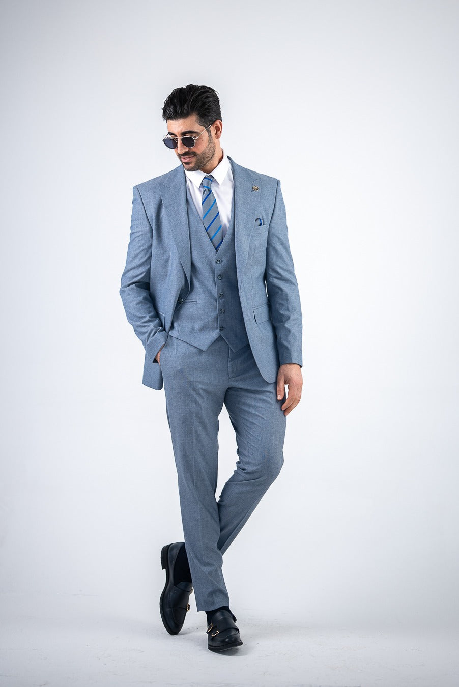 Costum Barbatesc, 3 piese, Sacou si Vesta si Pantalon,culoarea sky blue, PG0199