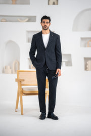 Costum barbatesc de vara, 2 piese, pantalon si sacou, culoarea bluemarin cu dungi albe,PG0203
