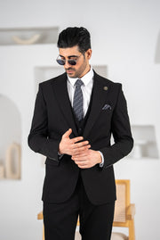 Costum Barbatesc, 3 piese, Sacou si Vesta si Pantalon, Material Texturat, Nasturi din Plastic, Negru PG0088