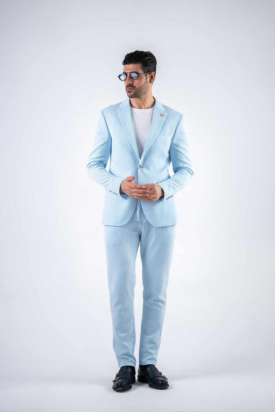 Costum barbatesc de vara, 2 piese sacou si pantalon , nuanta bleu, PG0094