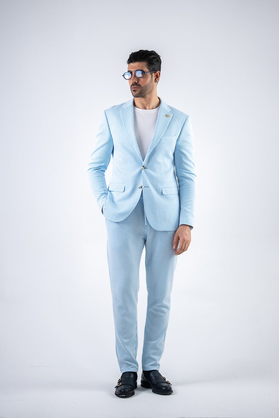 Costum barbatesc de vara, 2 piese sacou si pantalon , nuanta bleu, PG0094