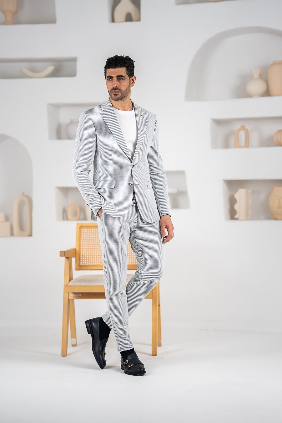 Costum barbatesc de vara, 2 piese sacou si pantalon , nuanta gri deschis , PG0098