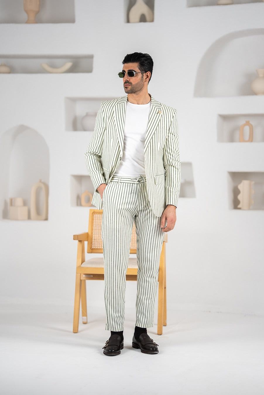 Costum barbatesc de vara, 2 piese sacou si pantalon , nuanta verde olive, PG0101