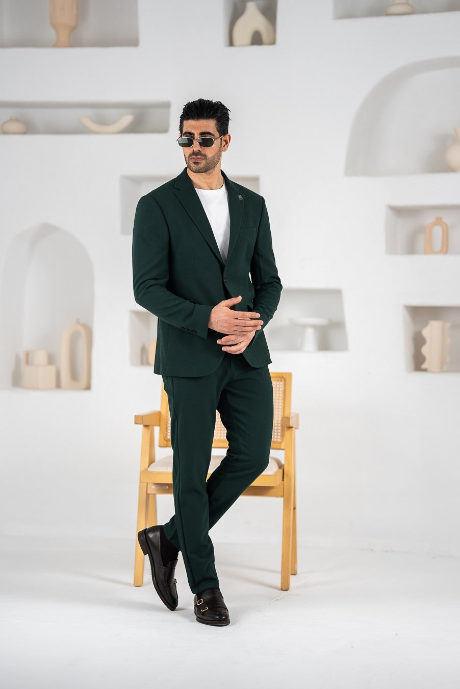 Costum barbatesc de vara, 2 piese sacou si pantalon , nuanta verde inchis, PG0106