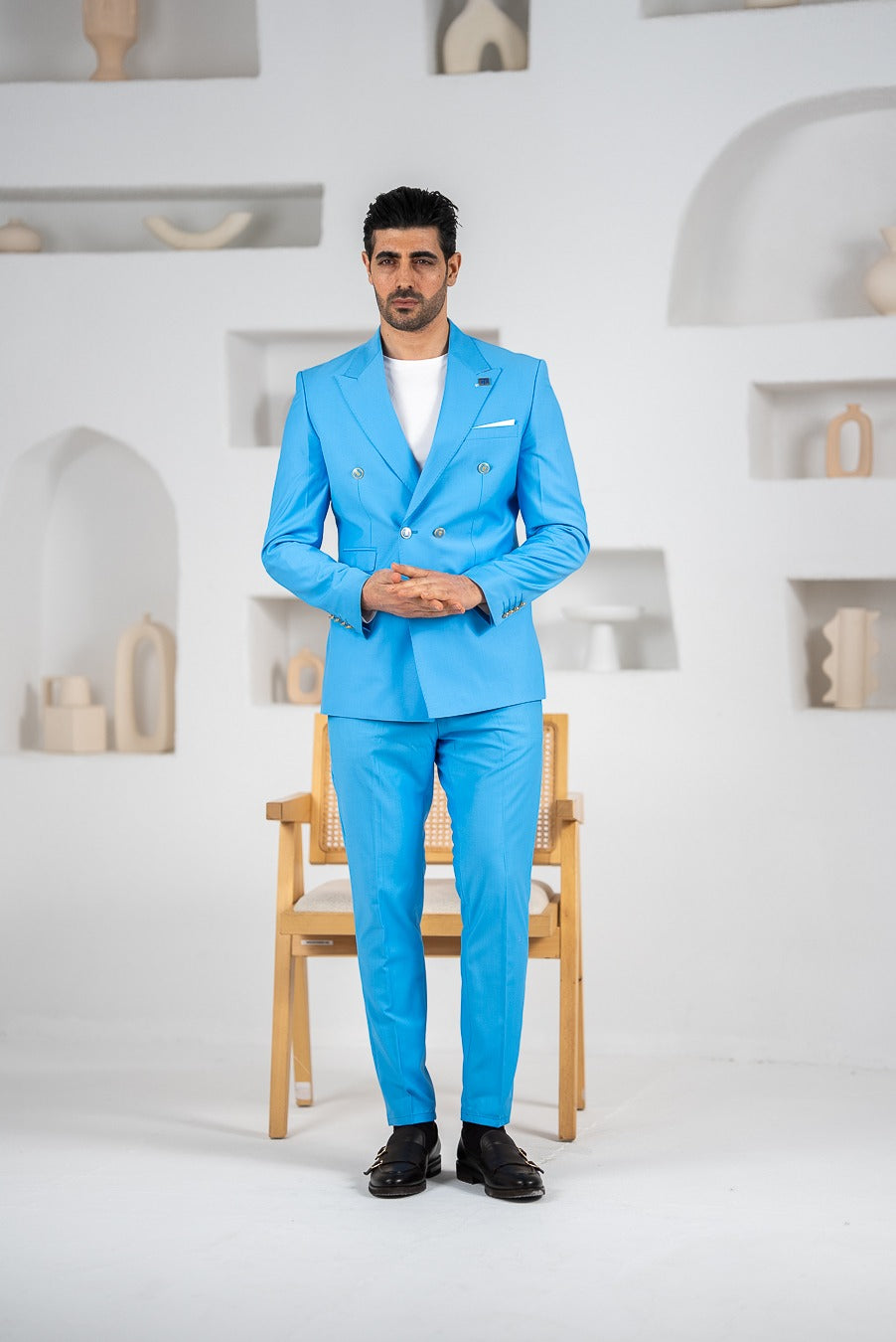 Costum barbatesc de vara, 2 piese sacou si pantalon , nuanta albastru sky, PG0111