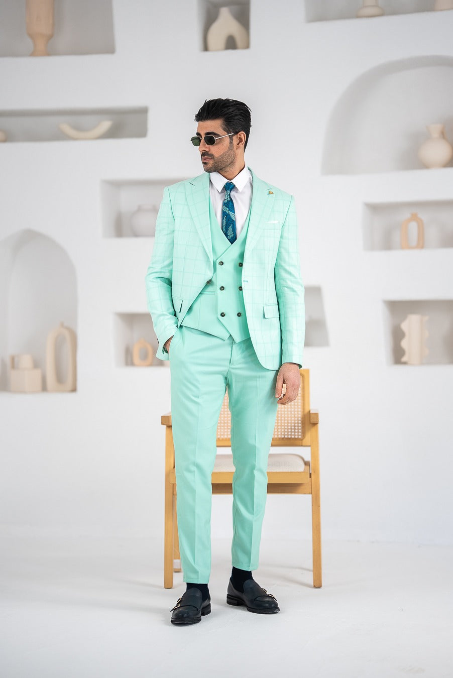 Costum Barbatesc, 3 piese, Sacou si Vesta si Pantalon, nuanta mint green, PG0117
