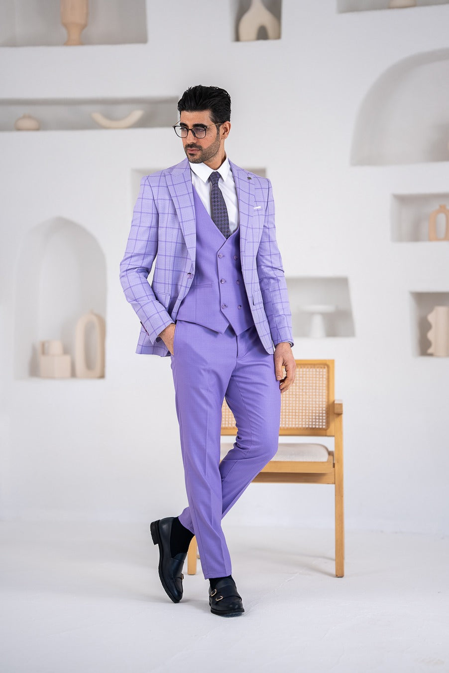 Costum Barbatesc, 3 piese, Sacou si Vesta si Pantalon, nuanta violet-lavanda, PG0118