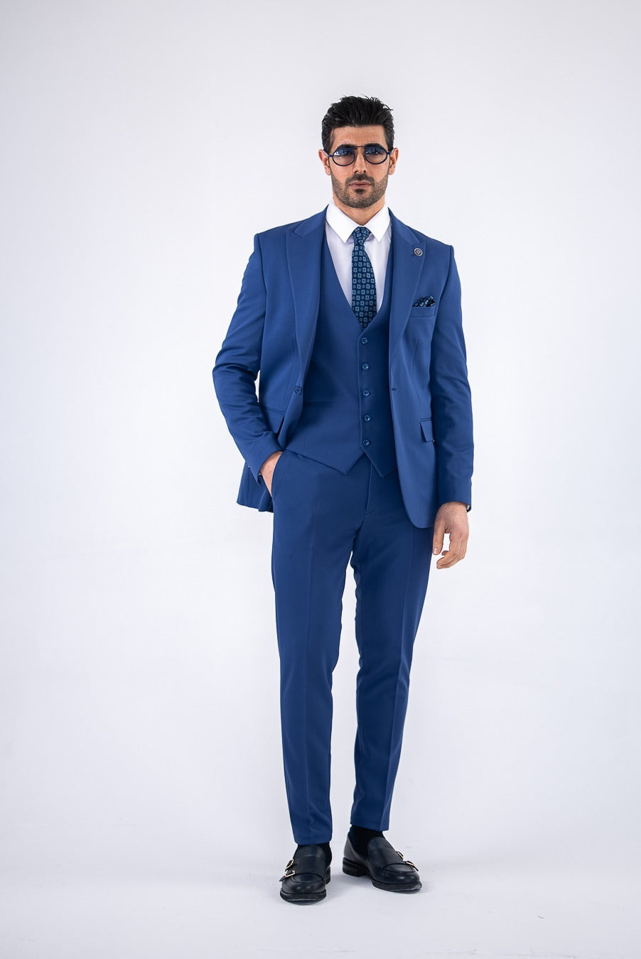 Costum Barbatesc, 3 piese, Sacou, Vesta si Pantalon, culoarea albastru indigo, PG0142