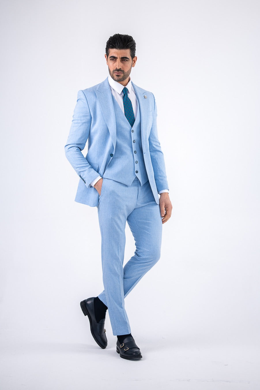 Costum Barbatesc, 3 piese, Sacou, Vesta si Pantalon, culoarea albastru sky, PG0144