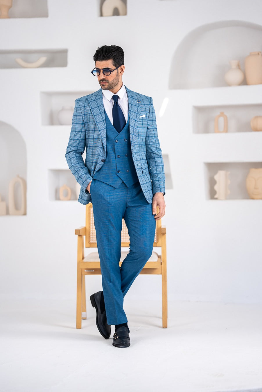 Costum Barbatesc, 3 piese, Sacou, Vesta si Pantalon,culoarea albastru petrol solid, PG0145