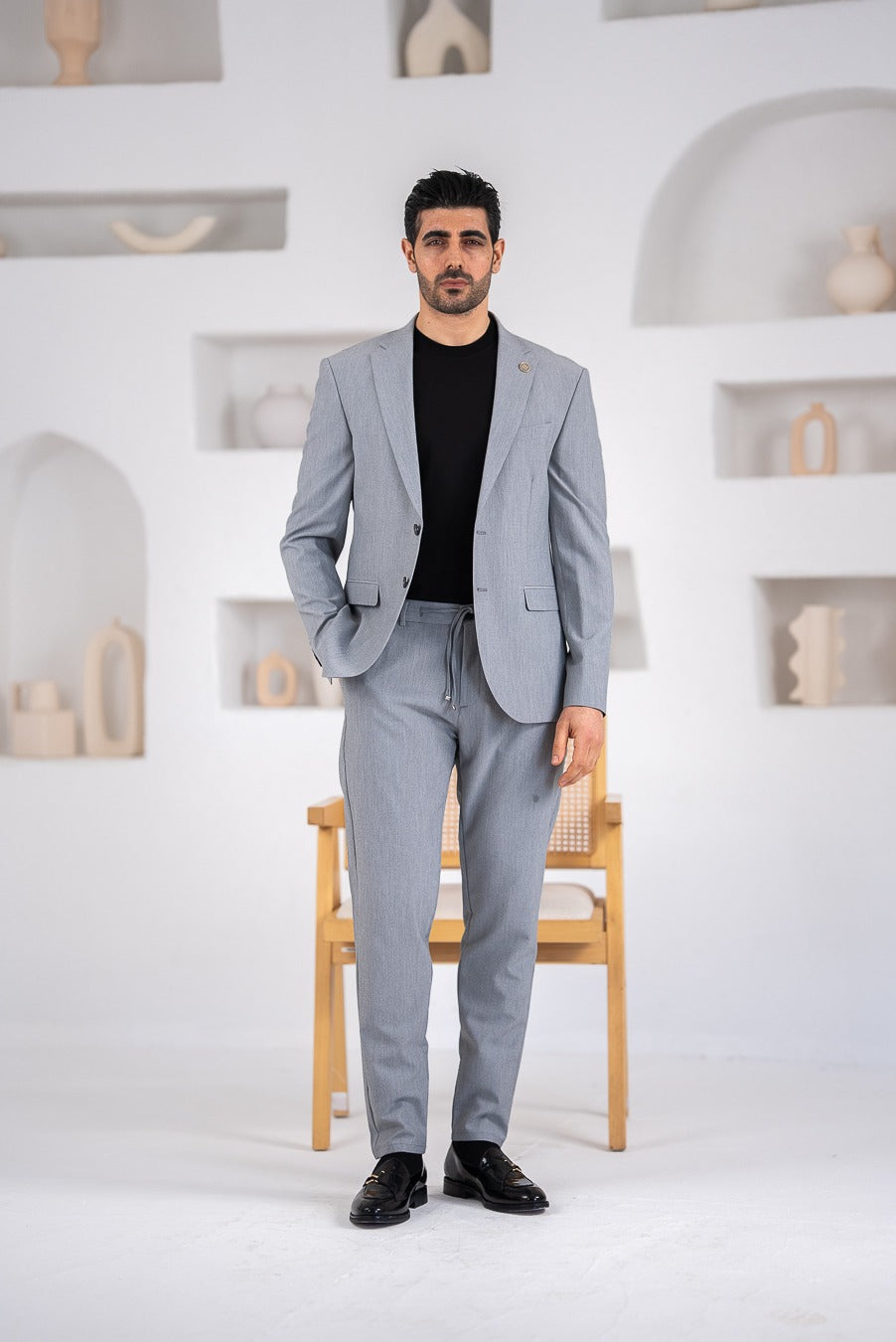 Costum barbatesc de vara, 2 piese sacou si pantalon , nuanta gri melanj,PG0153