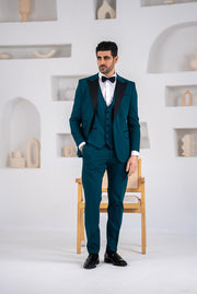 Costum elegant de ceromonie, 3 piese, sacou,vesta,  si pantalon,nuanta verde smarald cu guler satinat,PG0154